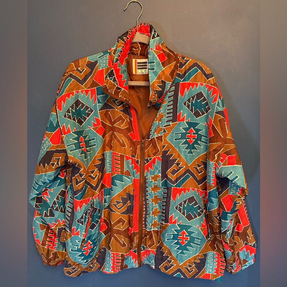 Vtg EVR 100% Silk Bomber Jacket Aztec Southwestern - Boho Western Festival - Lg